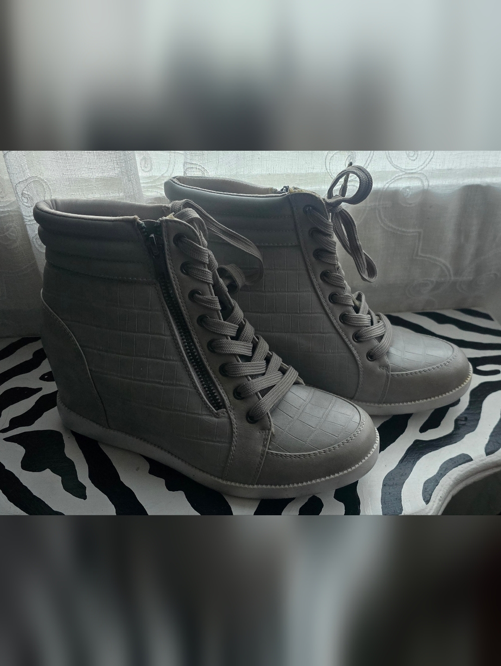 Women's High-Top Lace-Up Wedge Sneakers in Light Gray